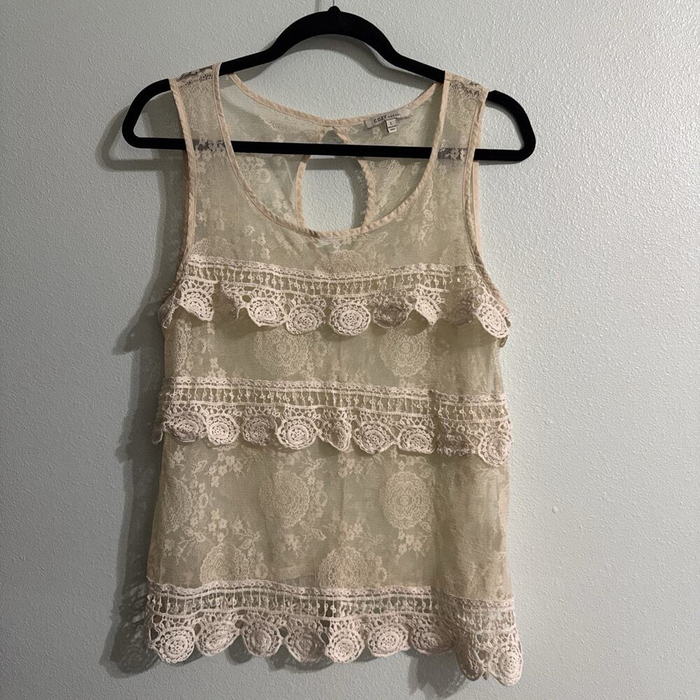 Cozy Casual lace overlay Crochet Cream floral layering tank top Size Large‎ boho